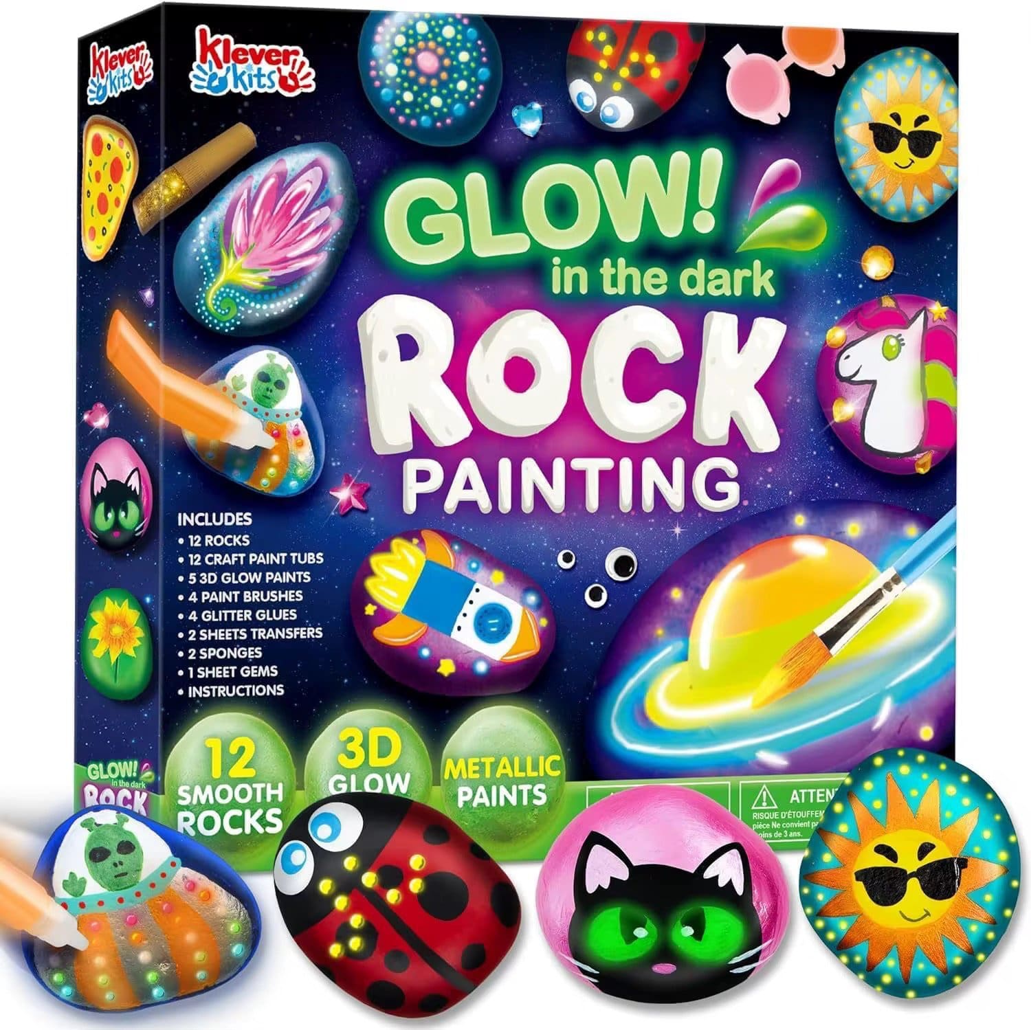 1399.Jpg 12 Rock Painting Kit- Glow In The Dark, 43 Pcs Arts And Crafts For Kids - Image 1